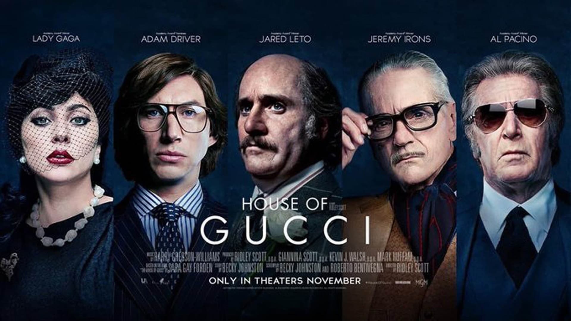 Lady Gaga, Adam Driver y Al Pacino en la película House of Gucci